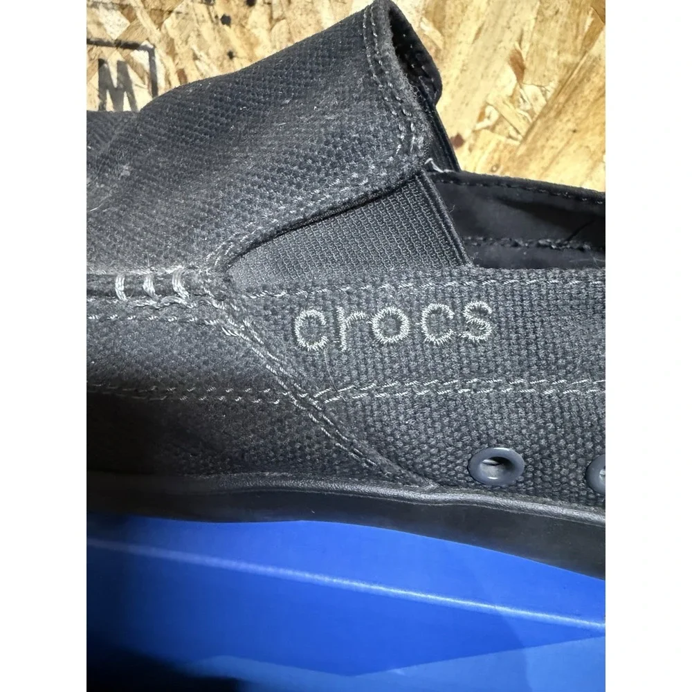 Crocs Walu 11270 Mens 11 Black Canvas Slip On Loafers Boat Shoes Comfort